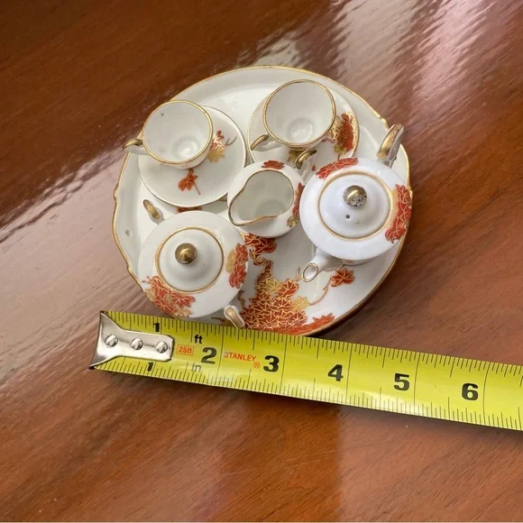 Vintage Porcelain Miniature Tea Set White Red Orange Yellow Gold Gilded Maple - Picture 11 of 12